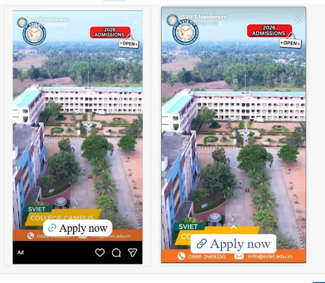 SVIET Instagram story ad with an aerial view of the college campus and an Apply now button